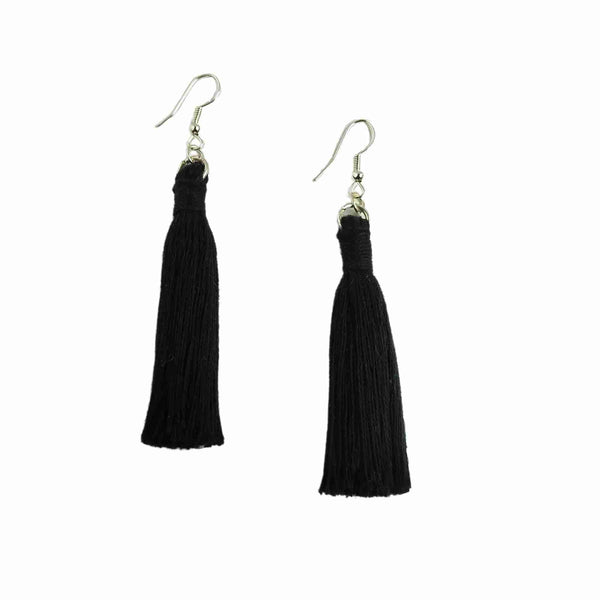 "Lia" Black Silver Plated Macrame Tassel Earrings