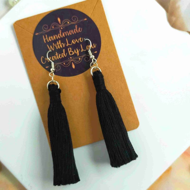 "Lia" Black Silver Plated Macrame Tassel Earrings