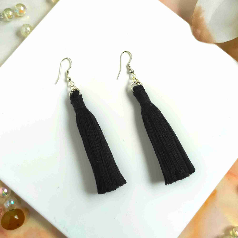 "Lia" Black Silver Plated Macrame Tassel Earrings