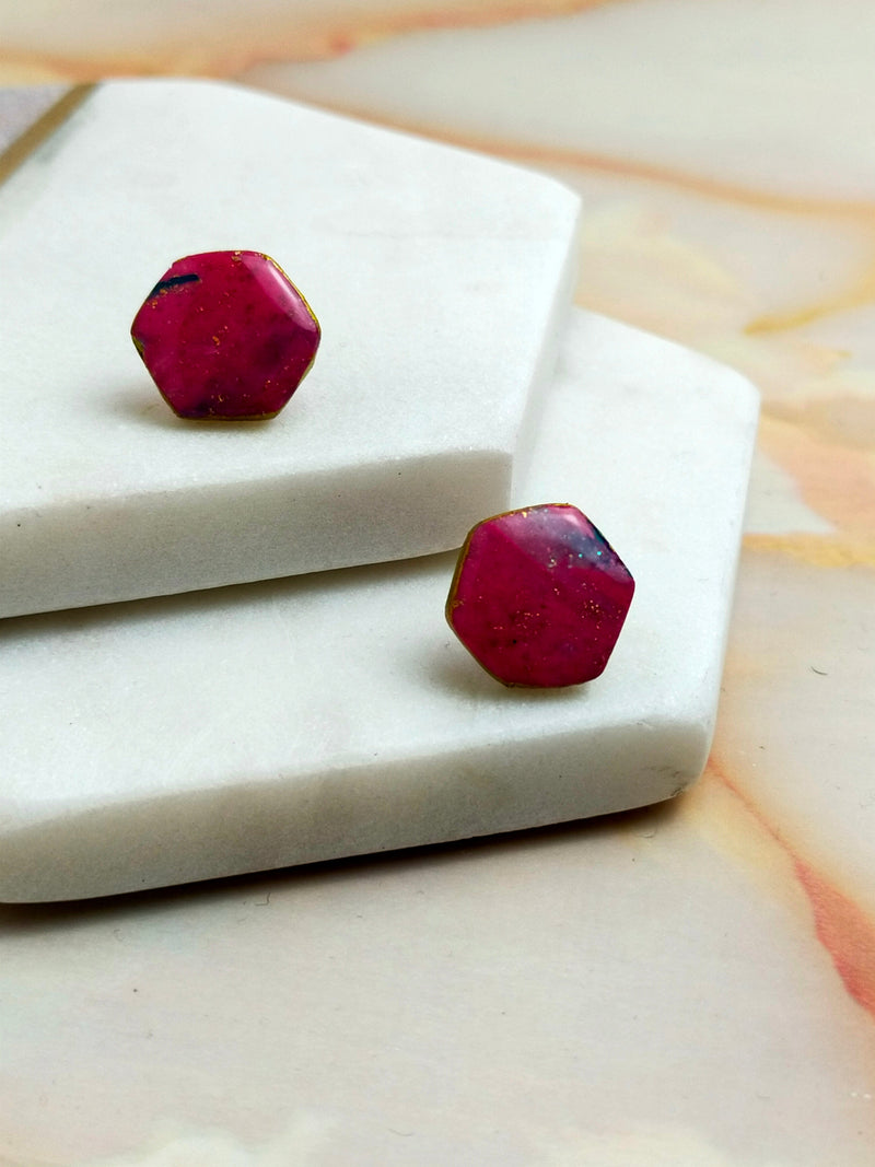 "Ellie" Pink Marbled Small Hex Studs