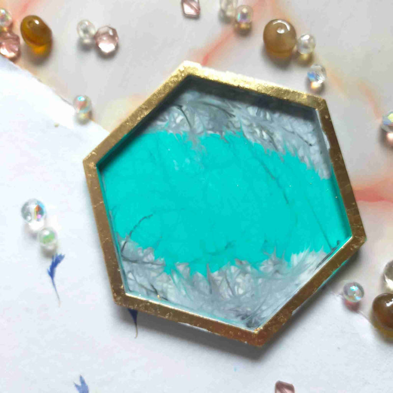"Flint" Jesmonite Jade Colour Block, Marble & Gold Leaf Hexagon Jewellery Trinket Tray