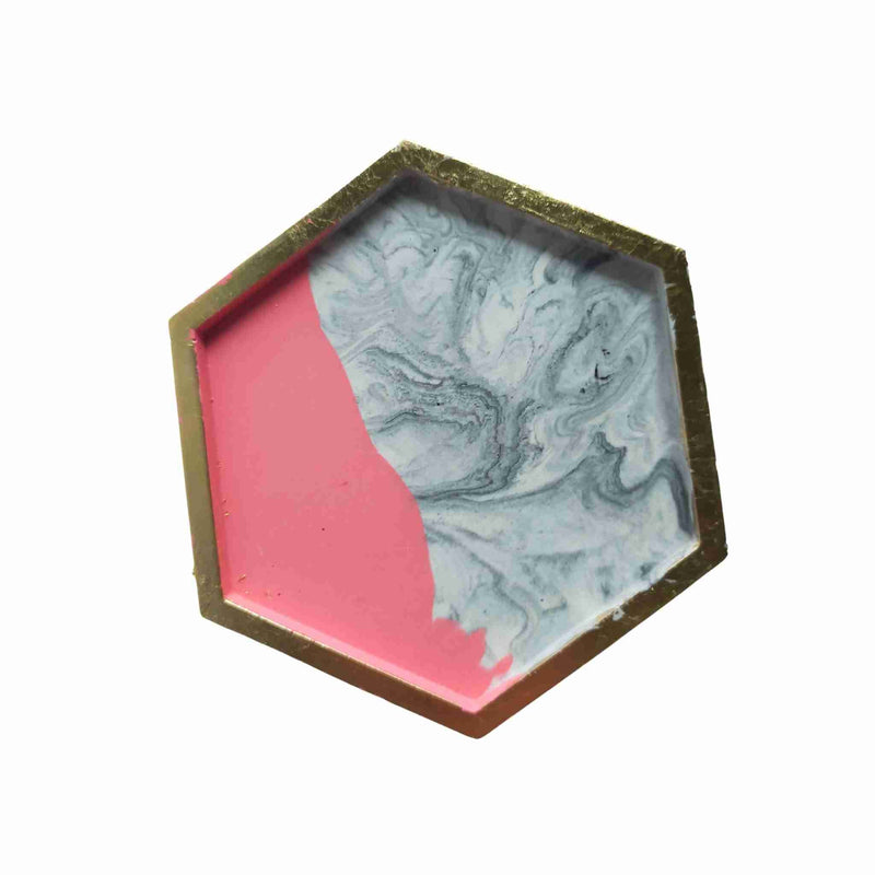 "Flint" Jesmonite Pink Colour Block, Marble & Gold Leaf Hexagon Jewellery Trinket Tray