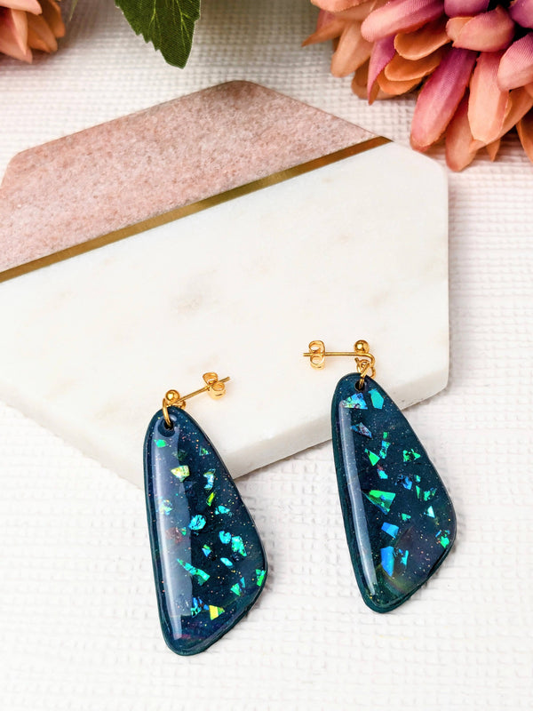"Isabella" Blue Iridescent Polymer Clay Dangle Earrings
