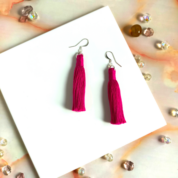 "Lia" Fuchsia Silver Plated Macramé Tassel Earrings