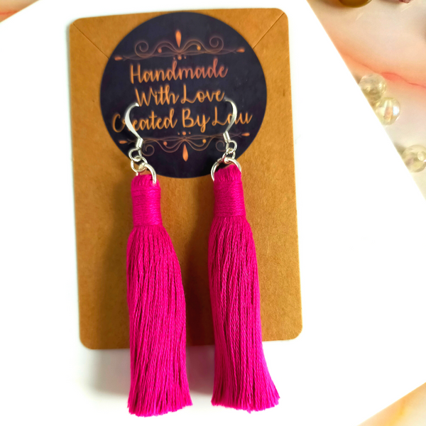 "Lia" Fuchsia Silver Plated Macramé Tassel Earrings