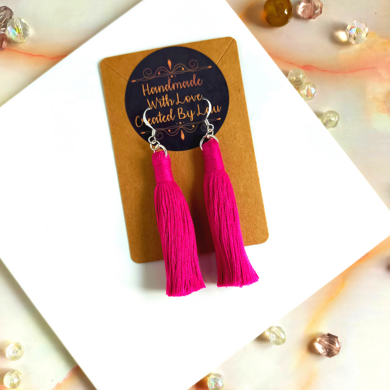 "Lia" Fuchsia Silver Plated Macramé Tassel Earrings