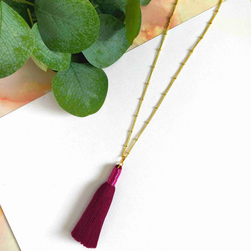 "Noa" Wine Tassel Necklace with Pink Metal wrap