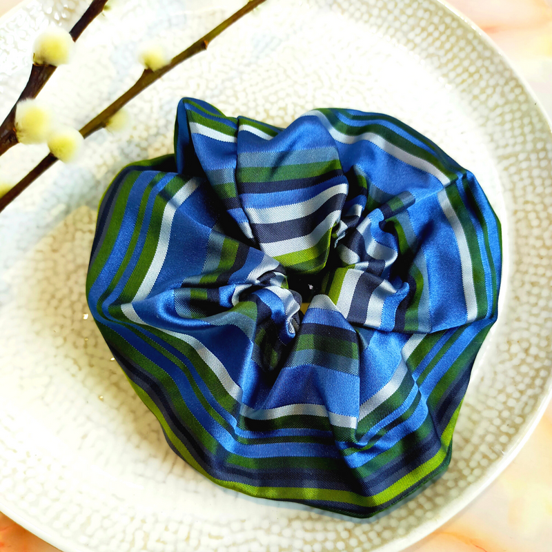 "Sage" Blue & Green Stripe Print Satin Hair Scrunchie