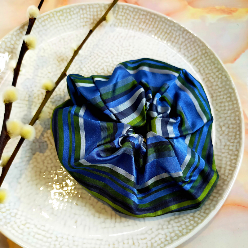 "Sage" Blue & Green Stripe Print Satin Hair Scrunchie
