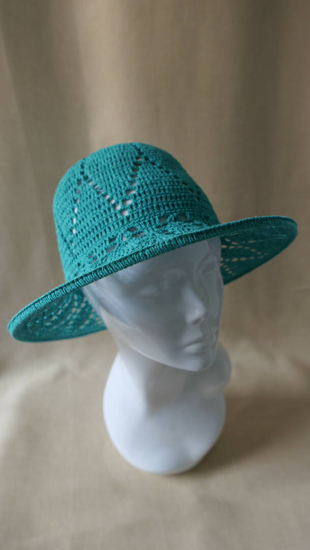 Linen teal green crochet garden hat, bonnet cottagecore hat, summer bucket hat, granny square beanie, crochet headwear, sun protect beanie