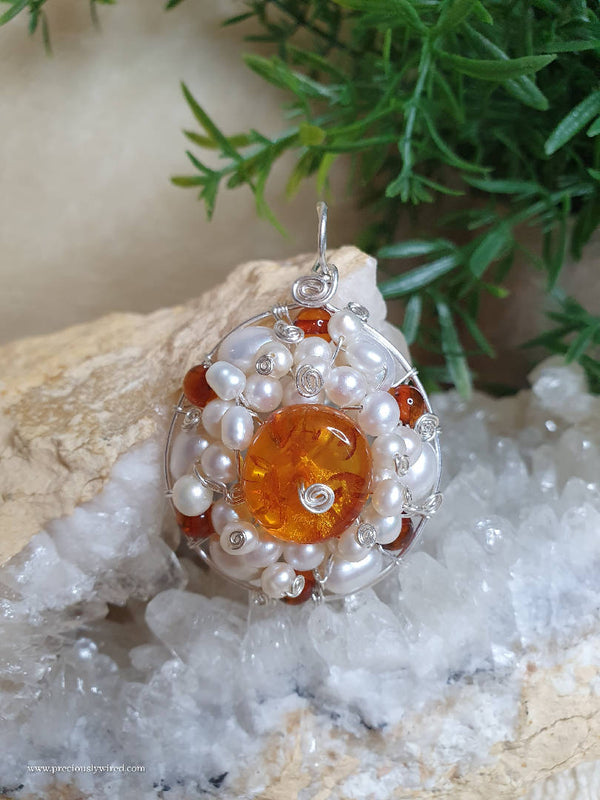Amber Pearl Sterling Wire Wrapped Round Pendant by Preciously Wired