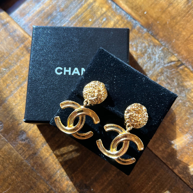 Chanel Interlocking CC Gold-tone & Crystal Studded Dangle Earrings 