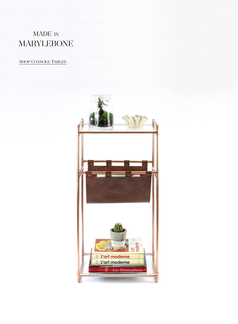 Console Table, Copper, Acrylic & Magazine Holder
