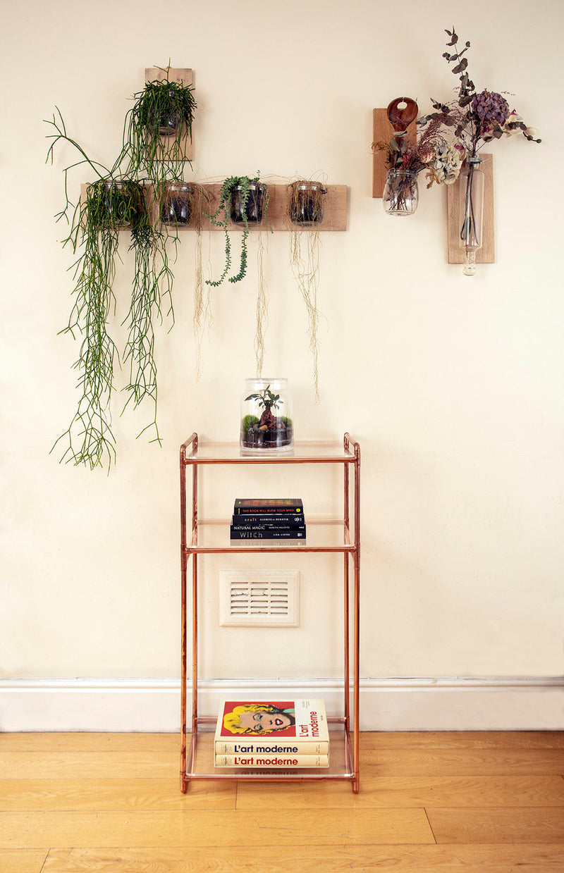 Chloe: Handmade Console Table In Copper And Acrylic Shelves
