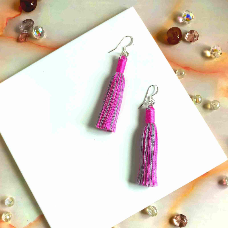"Aurora" Bold Pink & Grey Cotton Macramé Tassel Earrings