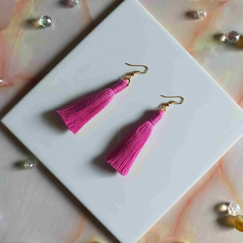 "Lia" Bright Pink Gold Plated Macrame Tassel Earrings