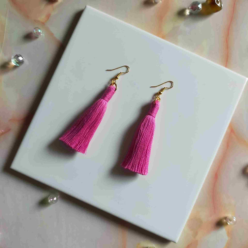 "Lia" Bright Pink Gold Plated Macrame Tassel Earrings