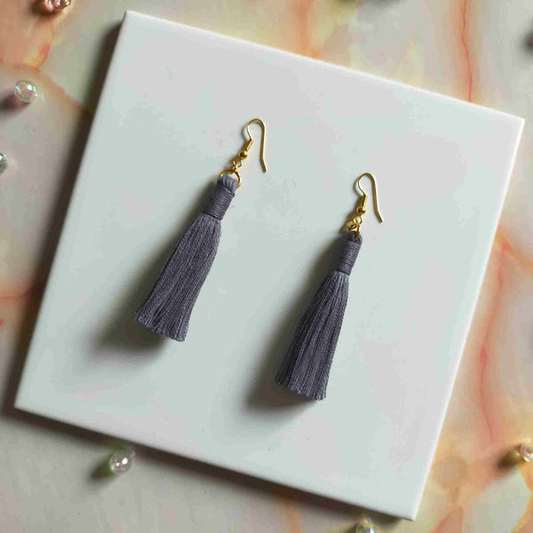 "Lia" Grey Gold Plated Cotton Macramé Tassel Earrings