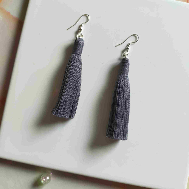 "Lia" Grey Silver Plated Cotton Macramé Tassel Earrings