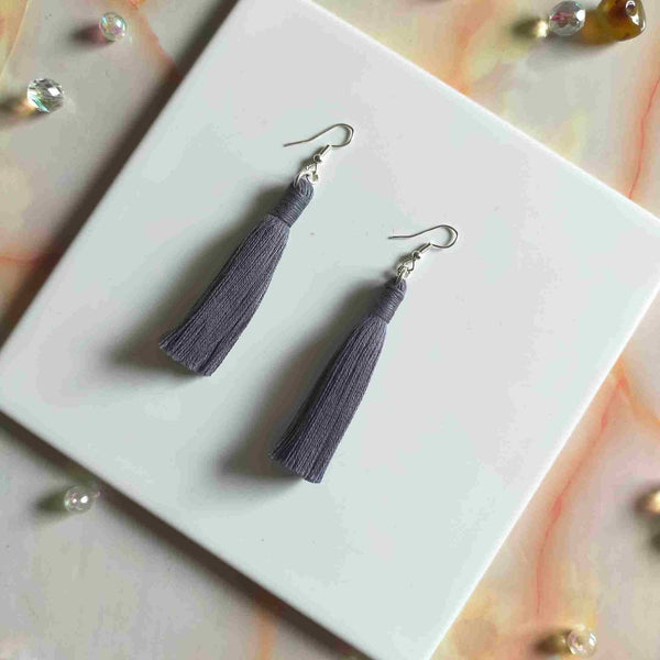 "Lia" Grey Silver Plated Cotton Macramé Tassel Earrings