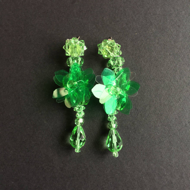 Shiny handcrafted green crystal floral earrings