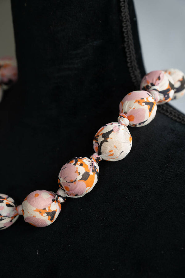 Bold & Beautiful, PINK Floral, Fabric-Wrapped Bead Necklace