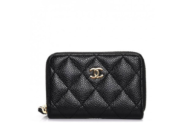 Chanel Zip Coin Purse Quilted Caviar Gold-tone Black