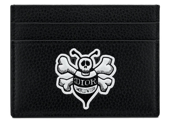 Dior And Shawn Card Holder Bee (4 Card Slot) Black in Grained Calfskin