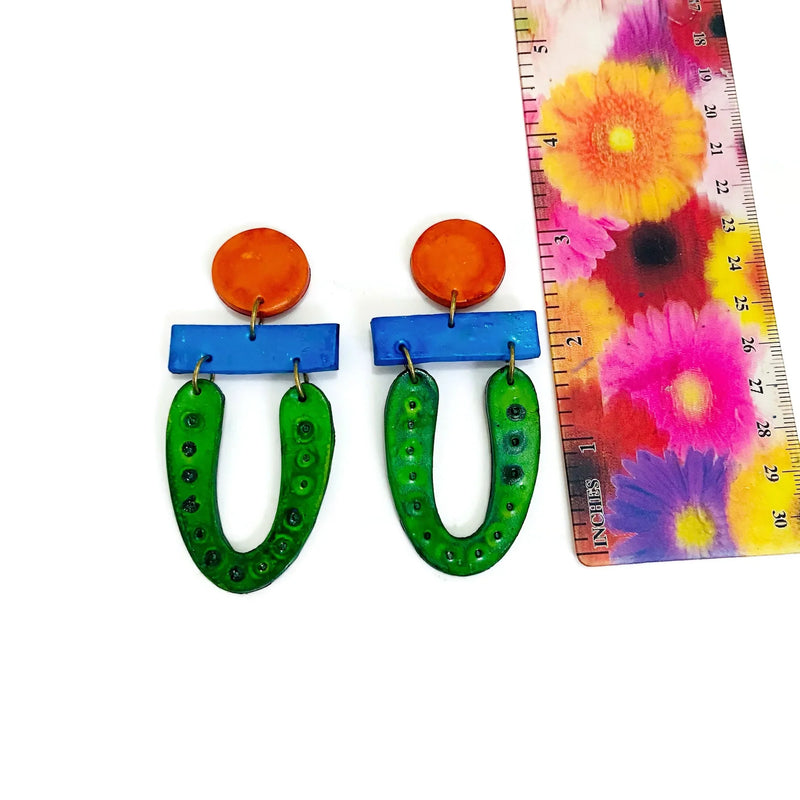 Extra Long Colorful Clip On Earrings in Green Blue Orange- "Roxy"