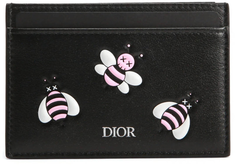 Dior x Kaws Card Holder Pink Bees Black in Calfskin