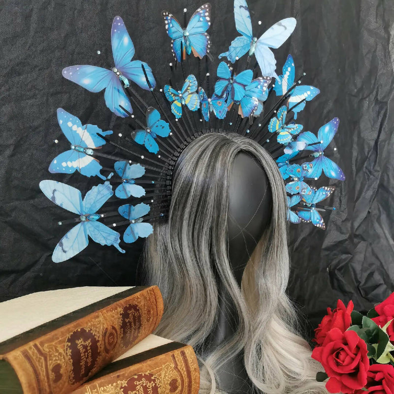 Butterfly Blue halo crown headpiece, halo sun burst crown, halo crown, Elf crown, Sun Crown, Celestial blue Sun Shine Headpiece Fairy Crown