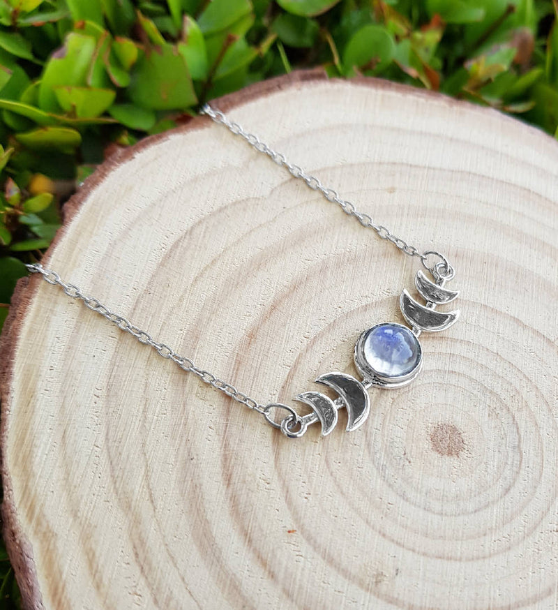 Rainbow Moonstone Moon Phases Necklace In Sterling Silver Celestial Necklace