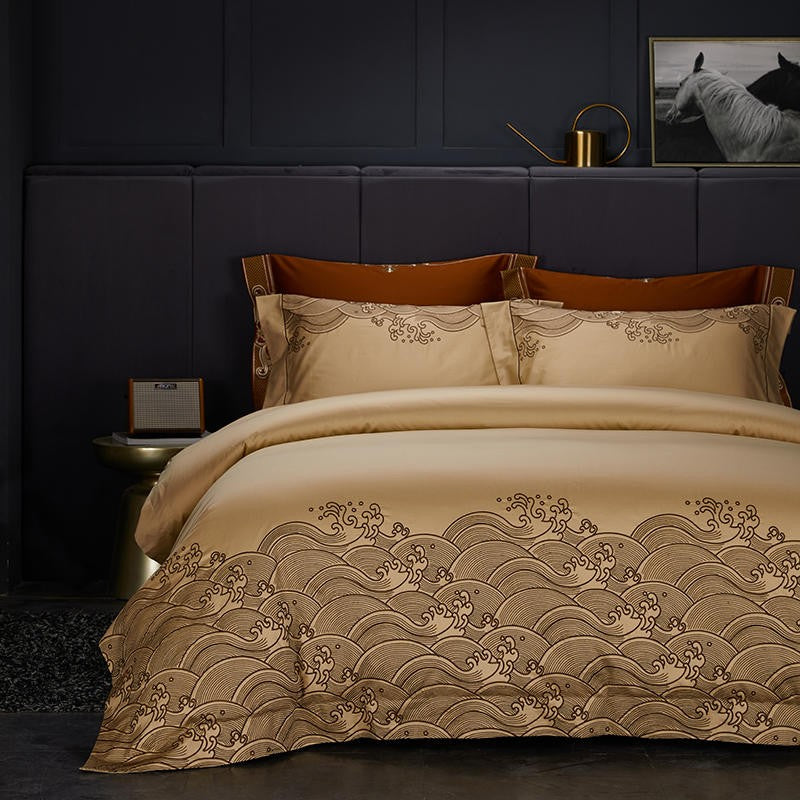 The Wave of Luck Embroidery Gold Duvet Cover Set (Egyptian Cotton) - 4 Piece Set