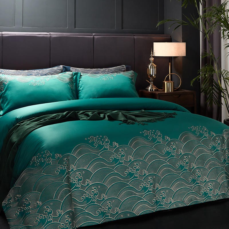 The Wave of Luck Embroidery Green Duvet Cover Set (Egyptian Cotton) - 4 Piece Set