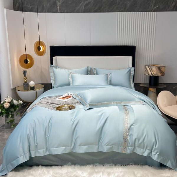 Blue Golden line Duvet Cover Set (Egyptian Cotton) - 4 Piece Set