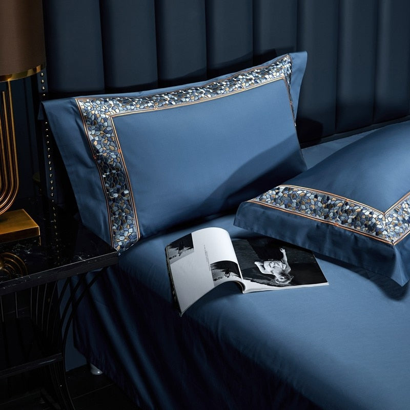 Luxury Pebble Embroidery Blue Duvet Cover Set - 4 Piece Set (Egyptian Cotton)*Price Drop Event Product*