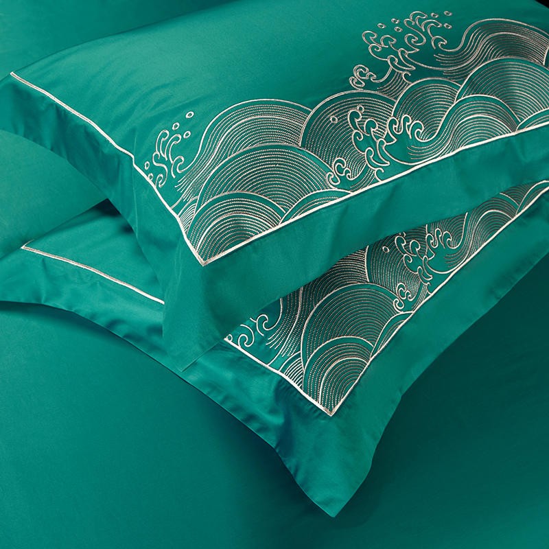 The Wave of Luck Embroidery Green Duvet Cover Set (Egyptian Cotton) - 4 Piece Set