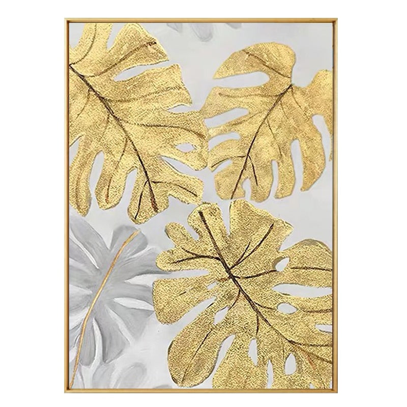 Golden Trio Leaf Oil Painting
