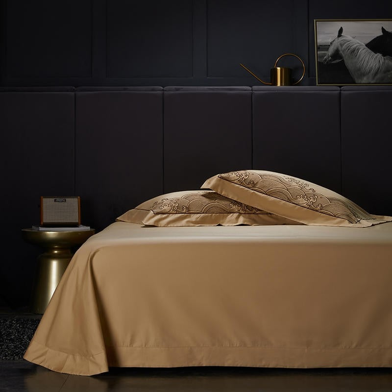 The Wave of Luck Embroidery Gold Duvet Cover Set (Egyptian Cotton) - 4 Piece Set