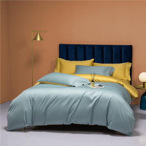 Neslla Sky-Blue Yellow Reversible Duvet Cover Set (Egyptian Cotton) - 4 Piece Set