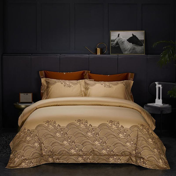 The Wave of Luck Embroidery Gold Duvet Cover Set (Egyptian Cotton) - 4 Piece Set