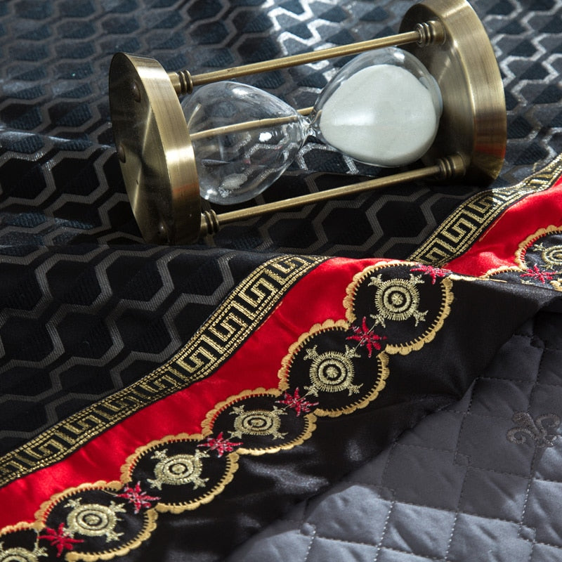 Stapun Black Silk Satin Luxury Royal Duvet Cover Set - 4/6/10 Piece Set