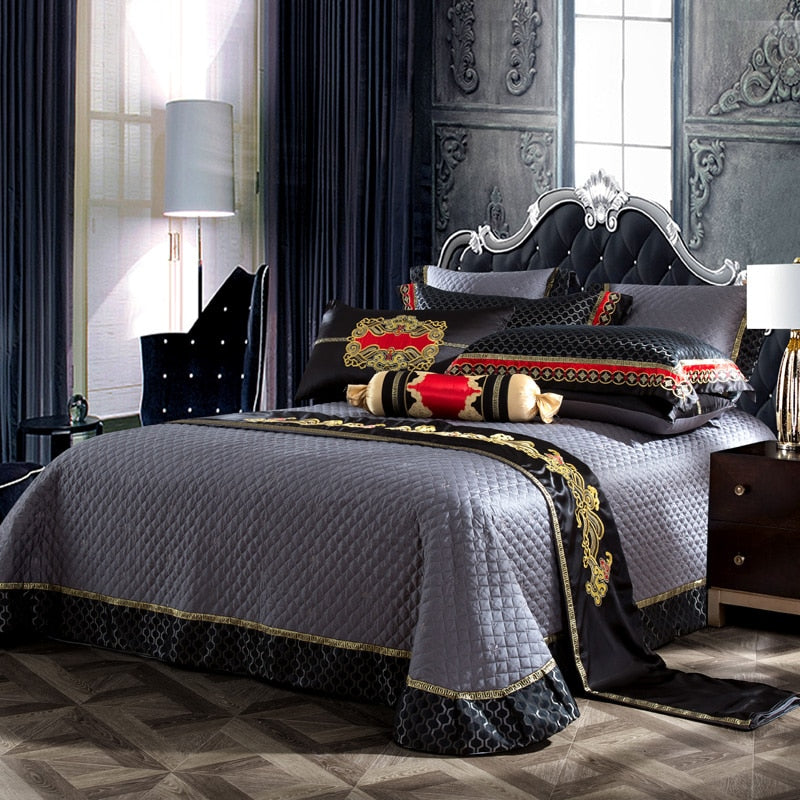 Stapun Black Silk Satin Luxury Royal Duvet Cover Set - 4/6/10 Piece Set