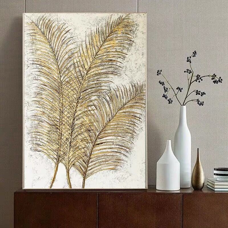 Golden Trio Leaf Oil Painting