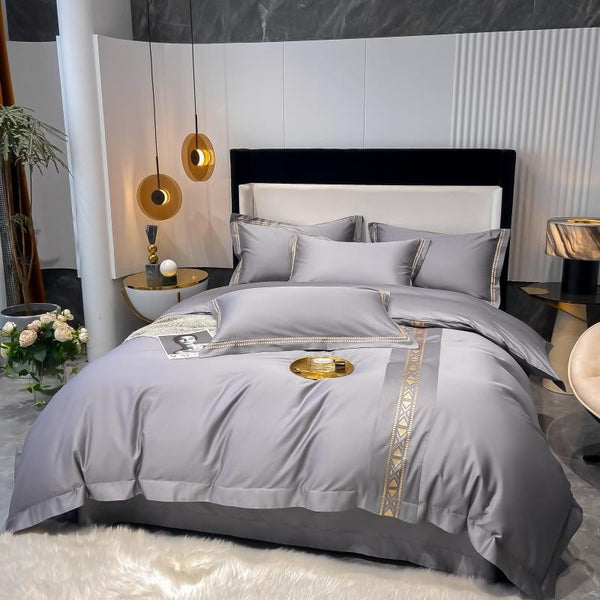 Grey Golden line Duvet Cover Set (Egyptian Cotton) - 4 Piece Set