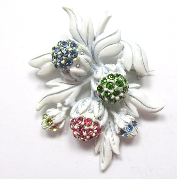 Vintage Signed Hollycraft 1950s Diamante and White Enamel Floral Pin
