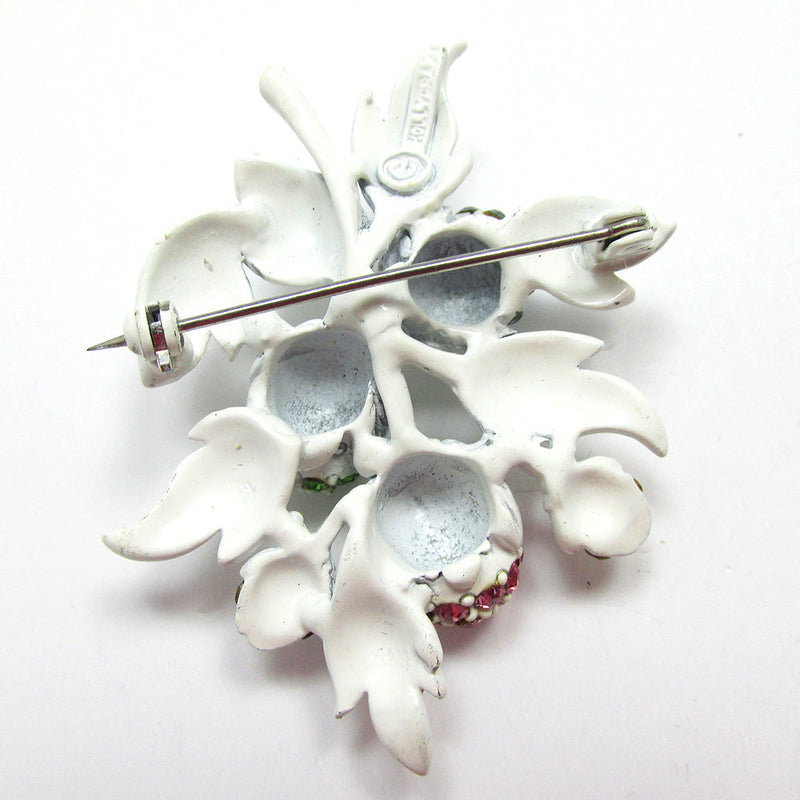 Vintage Signed Hollycraft 1950s Diamante and White Enamel Floral Pin