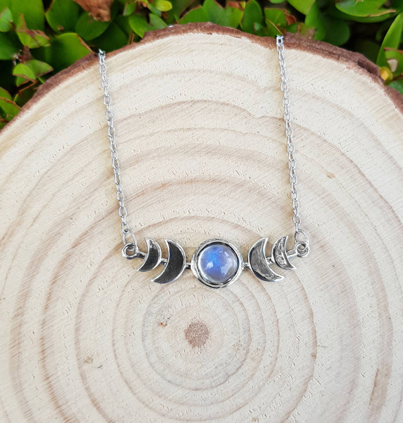 Rainbow Moonstone Moon Phases Necklace In Sterling Silver Celestial Necklace