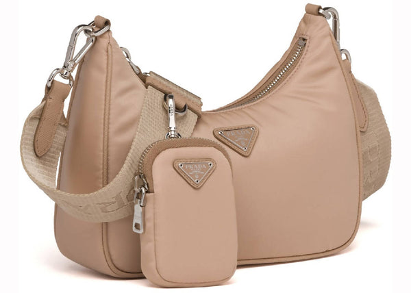 Prada Re-Edition 2005 Shoulder Bag Nylon Cameo Beige in Nylon/Saffiano Leather with Silver-tone