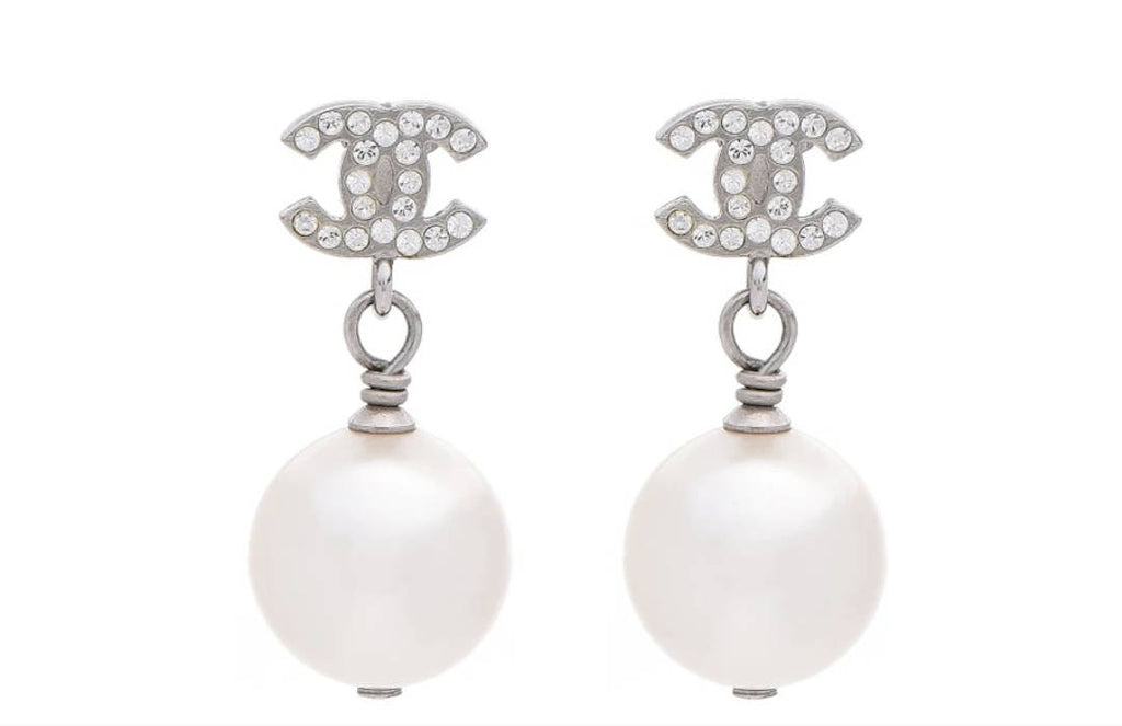 Chanel CC Drop Earrings Crystal Pearl Silver – The Accessory Circle by X  Terrace